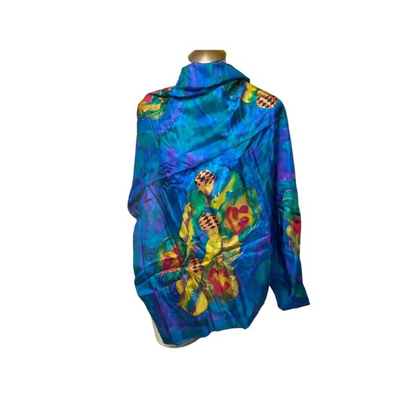 Hand-Painted Silk Scarf With Vibrant Floral Design 36"x37" - Picture 1 of 4